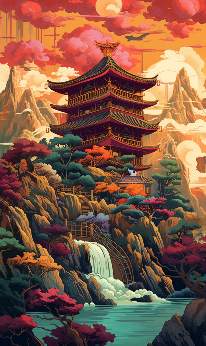 国潮风写实风景楼阁插画背景,插画/手绘图,插画/手绘图库,插画/手绘图下载,插画/手绘